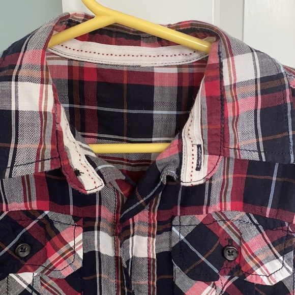 Red, black and white plaid button up collard shirt - Picture 5 of 7